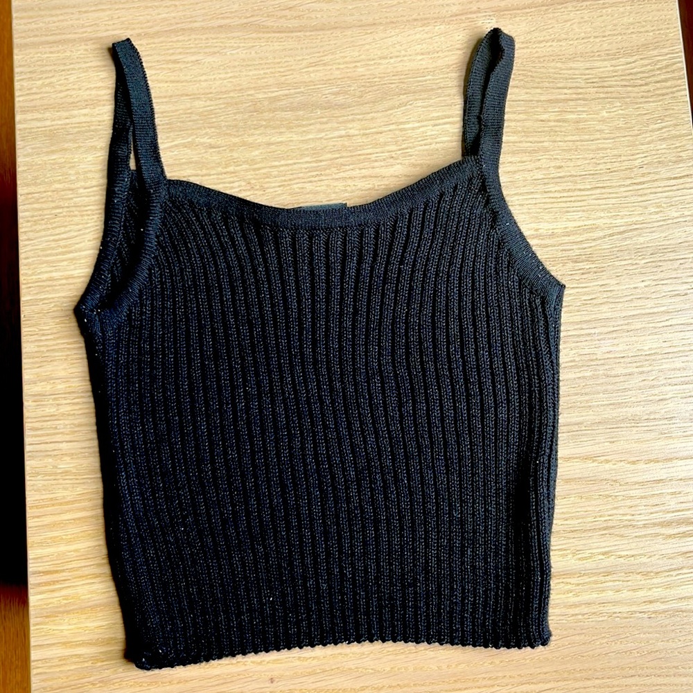 Black tank top, EVU couture, cropped, size small.